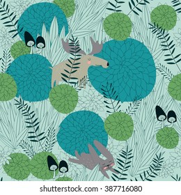 Seamless forest background with cute forest plants, elk, hare and mushrooms in cartoon style.