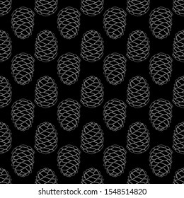 Seamless forest background with pine cones line white on black