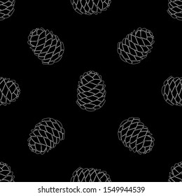Seamless forest background with pine cones line white on black