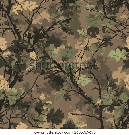 Seamless forest camouflage background featuring natural oak leaves, twigs, and woodland textures in shades of green, brown, and beige. Ideal for military clothing, tactical gear, hunting purpose .
