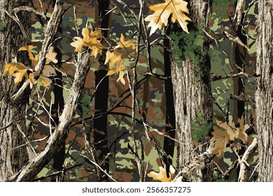 Seamless Forest Camouflage Pattern with Realistic Tree and Foliage Design