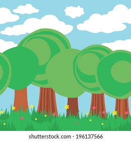 Seamless Forest in Cartoon Style. Cute Summer Landscape in Vector
