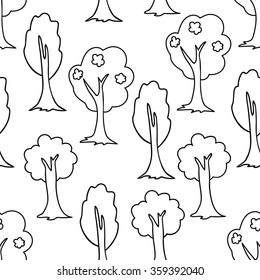 Seamless forest doodle pattern. Hand drawn sketch of trees on white background. Vector illustration.