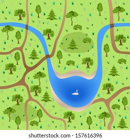 Seamless forest with flowers, lake and swan