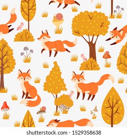 Seamless forest foxes pattern. Cute red fox among yellow trees, wild animal nature. Foxy woodland wallpaper, kawaii fur foxes fabric or wrapping cartoon background vector illustration