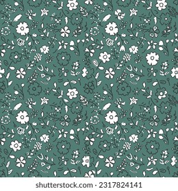 seamless forest green background with stylized flowers,Abstract,Ikat,batik print,digital textile Pattern illlustration.