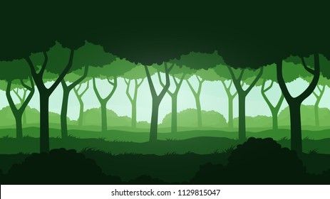 Seamless forest landscape. Beautiful high quality unending background. Layered for parallax effect. For 2d game. Simple cartoon design. With trees. bushes, grass. Flat style vector illustration.