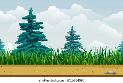 seamless forest landscape. endless parallax game background with fir trees, grass, ground, stones, road and blue sky. cartoon woodland illustration. sunny summer day horizontal scene for game design