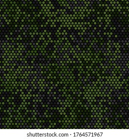Seamless forest masking camouflage pattern. Colorful circle pixel blots background. Abstract fashionable camo. Dark green and tan tones.