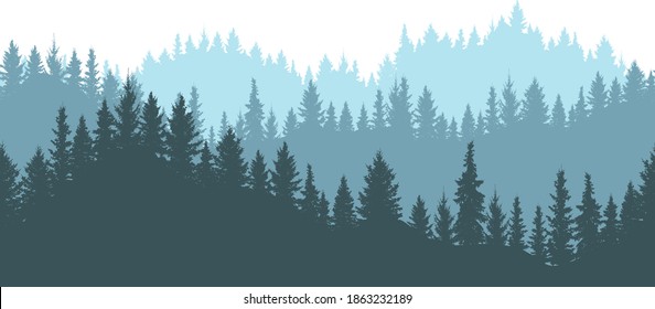 Seamless forest on mountains, silhouette. Beautiful landscape, fir trees. Vector illustration