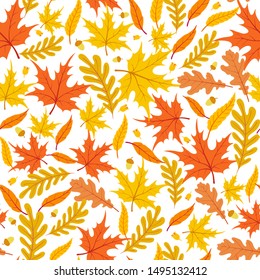Seamless forest pattern with acorns and autumn leaves. Fall background. Vector wallpaper