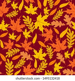 Seamless forest pattern with acorns and autumn leaves. Fall background. Vector wallpaper