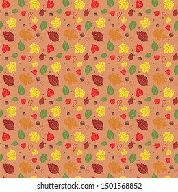 Seamless forest pattern with acorns and autumn leaves. Fall, Autumn background. Vector wallpaper. 
