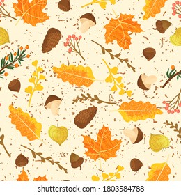Seamless forest pattern with acorns and autumn leaves.Cozy fall background. Vector background with flat cartoons elements. 