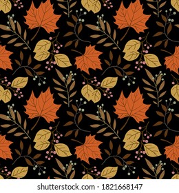 Patrón forestal sin foco con bellotas y hojas de otoño. Fondo de caída. Papel de pantalla.