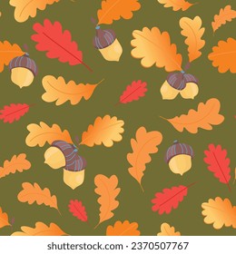 Seamless forest pattern with acorns and autumn leaves. Fall background. Vector wallpaper.