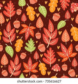 Seamless forest pattern with acorns and autumn leaves. Fall background. Vector wallpaper.