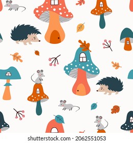 Seamless forest pattern with adorable mouses, hedgehog, mushrooms and leaves elements. 