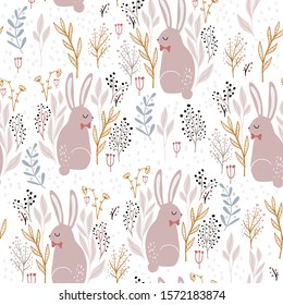 Seamless forest pattern with adorable rabbits and  floral elements. Creative forest texture for fabric, wrapping, textile, wallpaper, apparel. Vector illustration