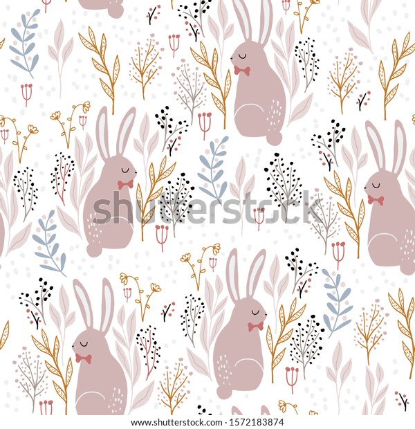 Seamless forest pattern with adorable rabbits and floral elements. Creative forest texture for fabric, wrapping, textile, wallpaper, apparel. Vector illustration