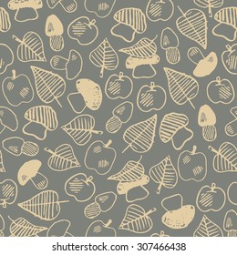 Seamless forest pattern with apples, mushrooms and leafs. Two colors