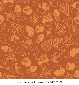Seamless forest pattern with apples, mushrooms and leafs. Two colors