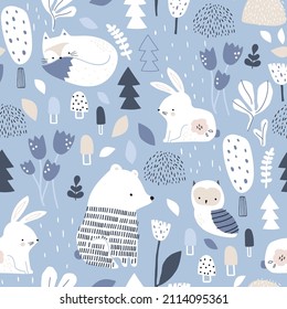 Seamless forest pattern and bear  bunny  owl  fox   forest elements   Creative blue modern woodland texture for fabric  wrapping  textile  wallpaper  apparel  Vector illustration