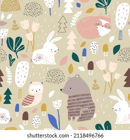 Seamless forest pattern with bear, bunny, owl, fox and forest elements . Creative modern woodland texture for fabric, wrapping, textile, wallpaper, apparel. Vector illustration