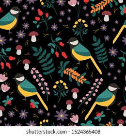 Seamless forest pattern with a bird Tit, flowers, mushrooms, sea buckthorn and rose hip. Night forest. 