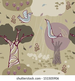 seamless forest pattern with birds