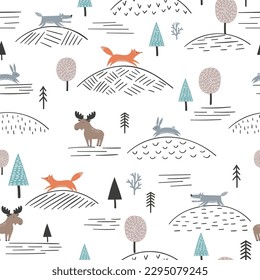 Seamless forest pattern with cute animals and trees. Vector childish background in scandinavian style