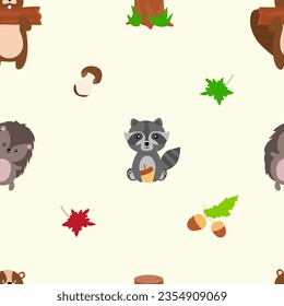 Seamless forest pattern with cute forest animals - illustrations of fox, deer, hedgehog, hedgehog, squirrel, bear