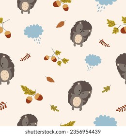 Seamless forest pattern with cute forest animals - fox, deer, hedgehog, squirrel, bear illustrations. Vector illustration