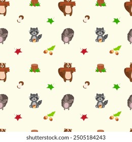 Seamless forest pattern with cute forest animals - illustrations of fox, deer, hedgehog, squirrel, bear. Acorns, cones, twigs, leaves, forest mushrooms. Autumn. Golden autumn. Hand drawn, doodle style