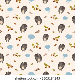 Seamless forest pattern with cute forest animals - illustrations of fox, deer, hedgehog, squirrel, bear. Acorns, cones, twigs, leaves, forest mushrooms. Autumn. Golden autumn. Hand drawn, doodle style