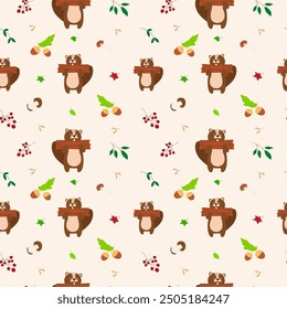 Seamless forest pattern with cute forest animals - illustrations of fox, deer, hedgehog, squirrel, bear. Acorns, cones, twigs, leaves, forest mushrooms. Autumn. Golden autumn. Hand drawn, doodle style