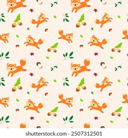 Seamless forest pattern with cute forest animals - illustrations of fox, deer, hedgehog, squirrel, bear. Acorns, cones, twigs, leaves, forest mushrooms. Autumn. Golden autumn. Hand drawn, doodle style