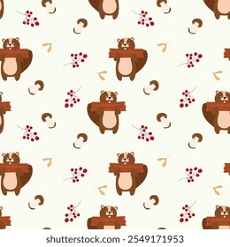 Seamless forest pattern with cute forest animals - illustrations of fox, deer, hedgehog, squirrel, beaver, bear. Acorns, cones, twigs, leaves, forest mushrooms. Autumn. Golden autumn. Hand drawn