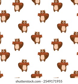 Seamless forest pattern with cute forest animals - illustrations of fox, deer, hedgehog, squirrel, beaver, bear. Acorns, cones, twigs, leaves, forest mushrooms. Autumn. Golden autumn. Hand drawn