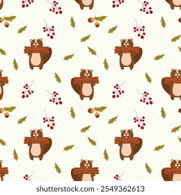 Seamless forest pattern with cute forest animals - illustrations of beaver, deer, hedgehog, squirrel, bear. Acorns, cones, twigs, leaves, forest mushrooms. Autumn. Golden autumn. Hand drawn