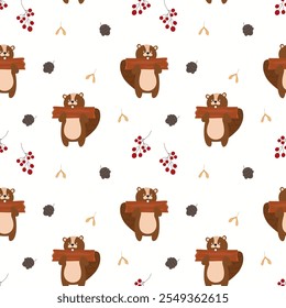 Seamless forest pattern with cute forest animals - illustrations of beaver, deer, hedgehog, squirrel, bear. Acorns, cones, twigs, leaves, forest mushrooms. Autumn. Golden autumn. Hand drawn