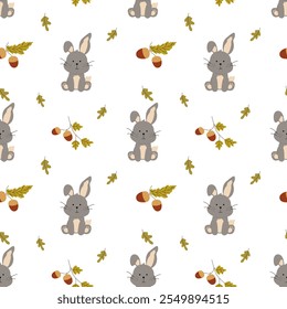 Seamless forest pattern with cute forest animals - illustrations of hare, deer, hedgehog, squirrel, bear. Acorns, cones, twigs, leaves, forest mushrooms. Autumn. Golden autumn. Hand drawing