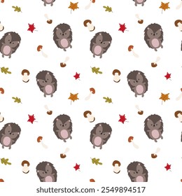 Seamless forest pattern with cute forest animals - illustrations of hare, deer, hedgehog, squirrel, bear. Acorns, cones, twigs, leaves, forest mushrooms. Autumn. Golden autumn. Hand drawing