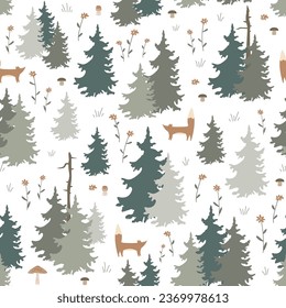 Seamless Forest pattern with cute foxes. Cartoon trees and flowers hand drawn background. Vector illustration.