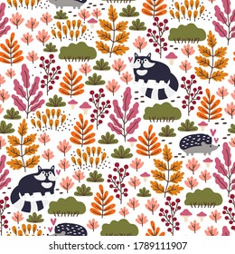 Seamless forest pattern with cute 
raccoons and hedgehogs, mushrooms, berries and autumn leaves. Fall background. Vector wallpaper.