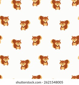 Seamless forest pattern with cute squirrels holding a nut in their paws, hand drawn in doodle style. Golden autumn, autumn