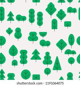 Seamless forest pattern with different shapes trees on white background in minimalistic flat style
