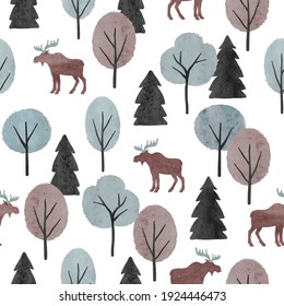 Seamless forest pattern with elks. Vector watercolor wood illustration with moose.