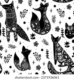 Seamless Forest pattern with fox. Cute hand drawn background. Vector illustration. Creative kids scandinavian style texture for fabric, wrapping, textile, wallpaper, apparel.