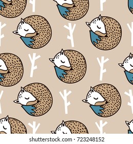 Seamless forest pattern with fox,branch and leaves.Minimalistic texture in scandinavian style.Vector background